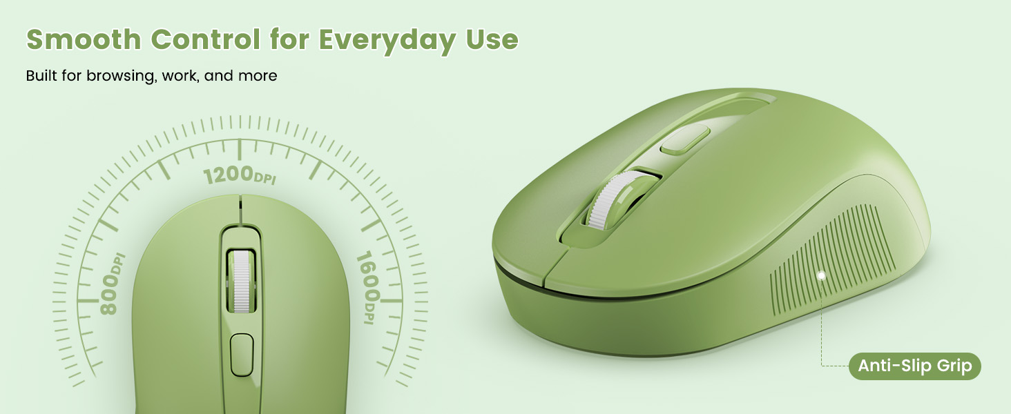 Green wireless mouse with adjustable DPI and anti-slip grip for smooth control.