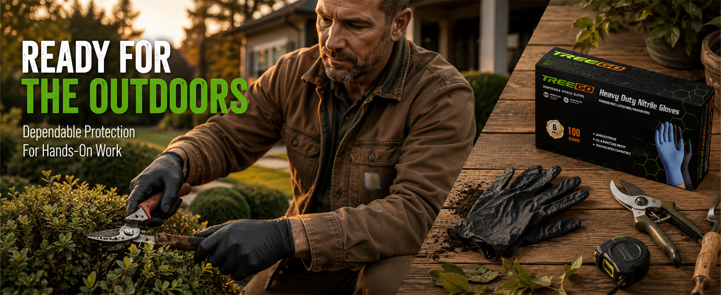TREEGO 6mil black nitrile gloves for outdoors gardening