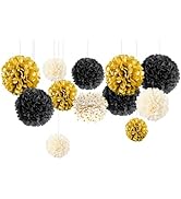 NICROLANDEE Black and Gold Party Supplies for 2026 Graduation - 12PCS Tissue Pom Poms 12" Decorat...