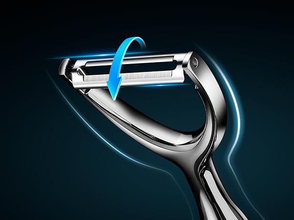 Potato peeler features sharp rotating blades for thin peels
