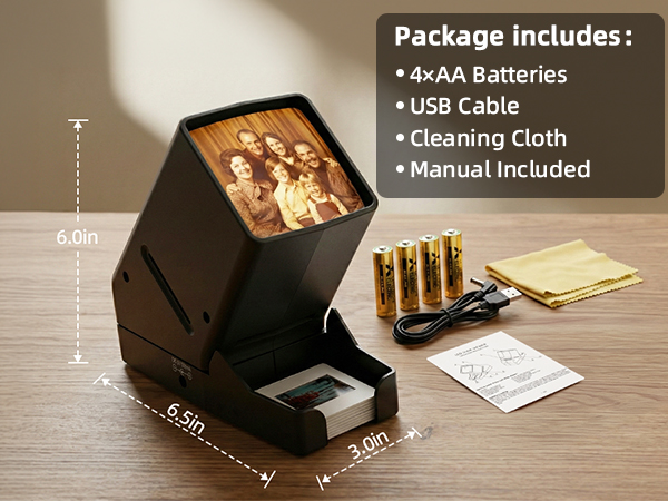 Includes scanner, 4 AA batteries, USB cable, cleaning cloth with instructions; compact and portable.