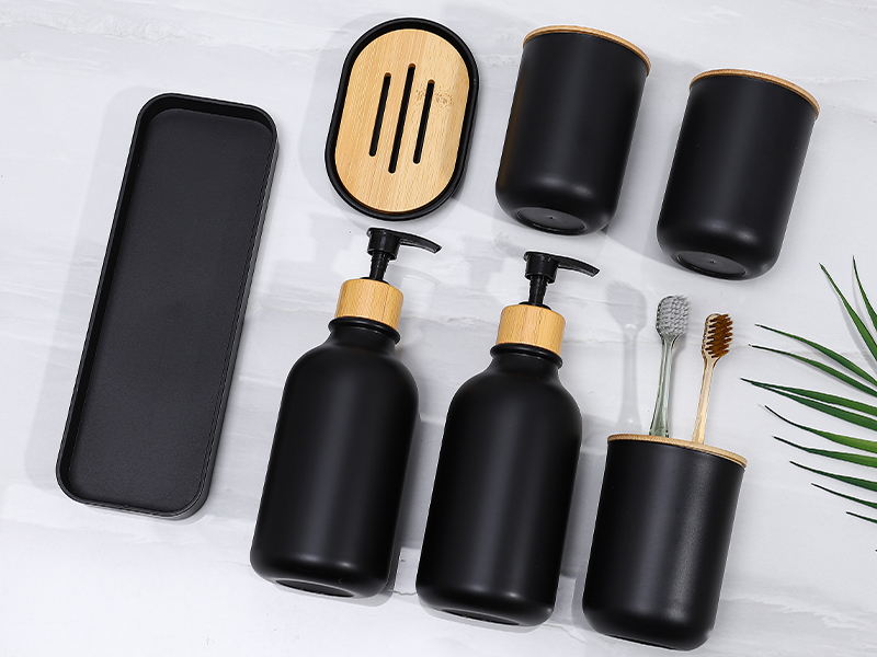 2 soap dispenser, 2 qtip and cotton ball holder,1 toothbrush holder, 1 soap tray, 1 vanity tray