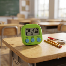 Kitchen timer on school desk next to pencils and notebook for student time management.