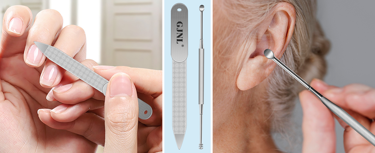 Collage of ear cleaning tools: a metal ear pick in use, packaged tool, and close-up of a metal tool with a small scoop end.
