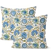DAFENA Boho Pillow Covers 18x18 Inch 2 Pcs Blue Yellow Green Vintage Floral Decor Throw Pillows B...