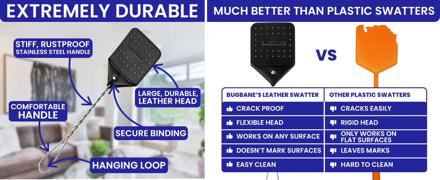 Extremely durable heavy duty fly swatter. Stiff, rustproof handle. Leather fly swatter flyswatter