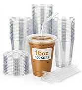 Nicole Home Collection 300 Sets – 16 oz Clear PET Plastic Cups with Lids and Straws, Sturdy & Foo...