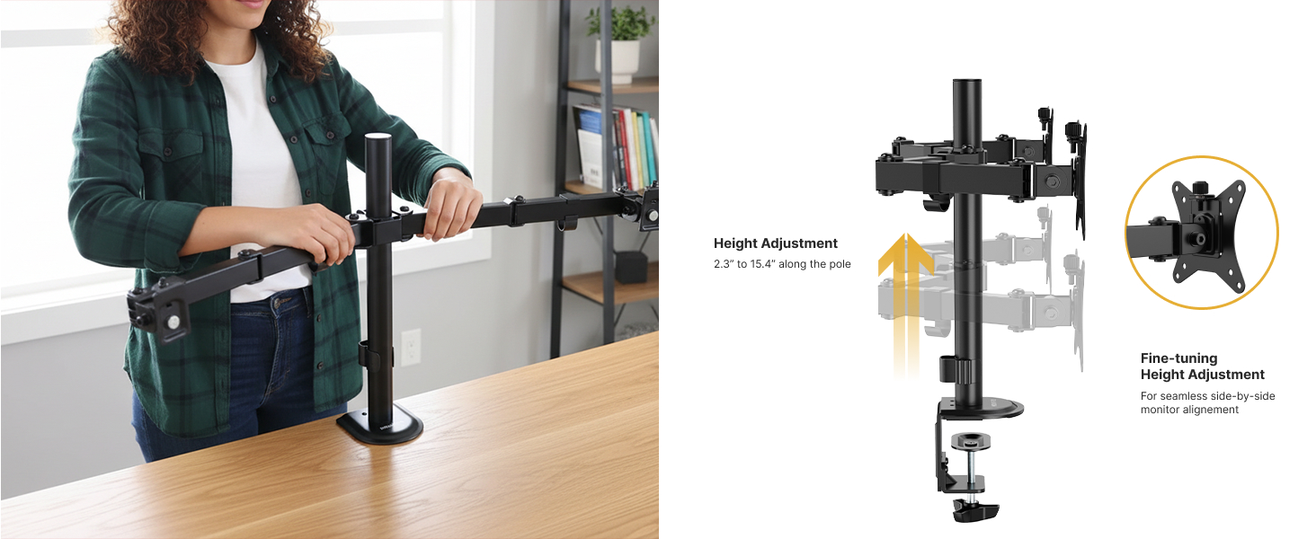 Dual monitor stand with pole height adjustment to easily level and align both screens