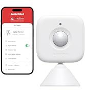 White circular motion sensor device shown alongside smartphone app interface with toggle switches and menu options.