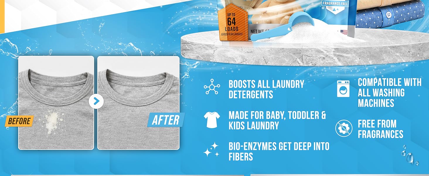 Fragrance free baby detergent booster for all washing machines and baby fabrics