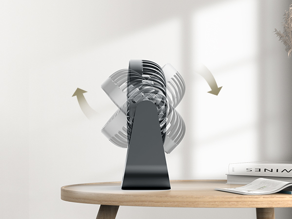 Desktop fan with dark gray blade assembly on wooden surface, featuring oscillating motion indicated by directional arrows.
