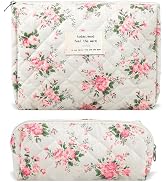 2Pcs Quilted Cotton Makeup Bag Large Travel Makeup Pouch Small Brush Holder Set for Women Floral ...