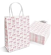 Slomg 24 Pack Coquette Pink Bow Paper Gift Bags with Handles, Cute Ribbon Gift Wrap Shopping Bags...