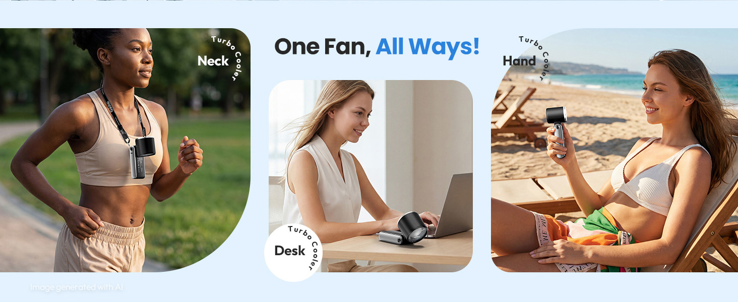 Text reads 'One Fan, All Ways!' with 'Neck' and 'Desk' labels. Three-panel image showing portable fan used around neck outdoors, on desk indoors, and at beach. Multi-use wearable fan product.
