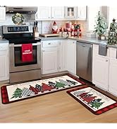 Buffalo Plaid Xmas Trees Merry Christmas Red Kitchen Rugs Set of 2, Non Skid Washable Soft Comfor...
