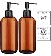 Amber Soap Dispenser with Rust Proof Pump, Waterproof Labels (2 Pack,16 Oz), Soap Dispenser Bathr...