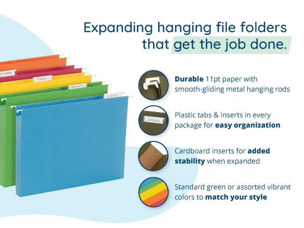 Colored expanding hanging file folders with description of features