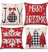 Red Christmas Decorations-Throw Pillow Covers 18x18 in Set of 4,Decorative Joy Snowflake Pillow C...