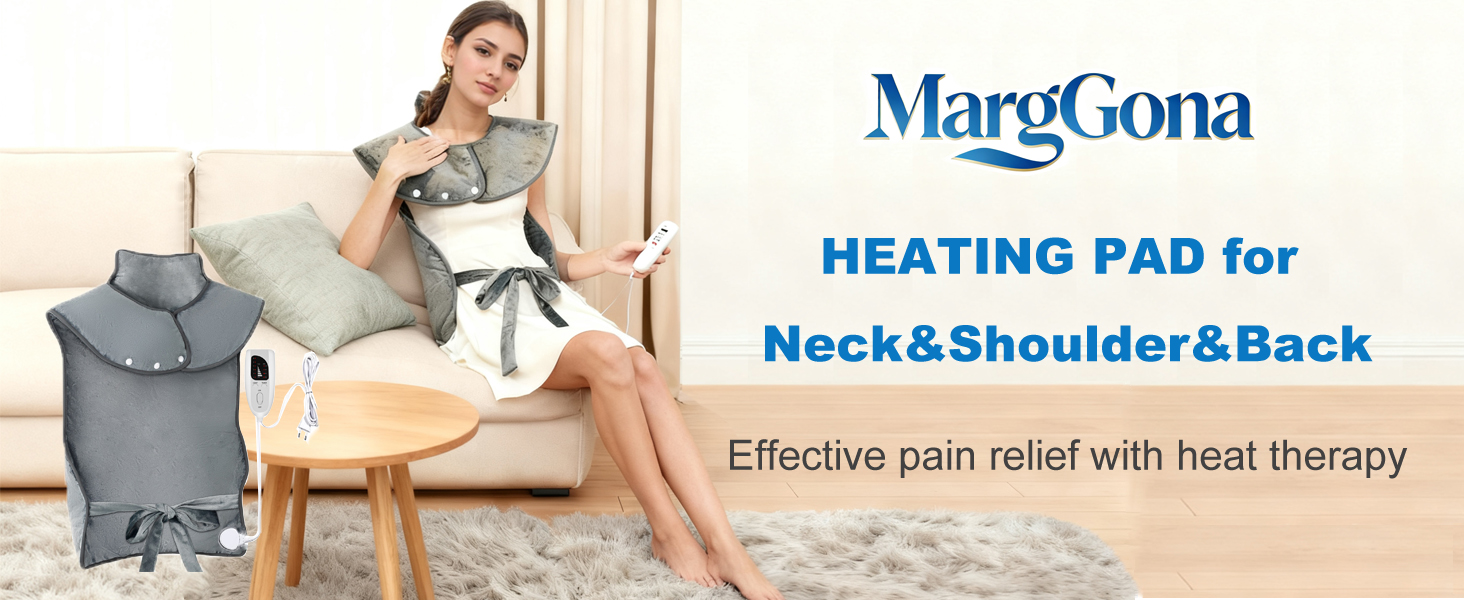 Woman relaxed on sofa with our heating pad covering her back and shoulder for full-body pain relief