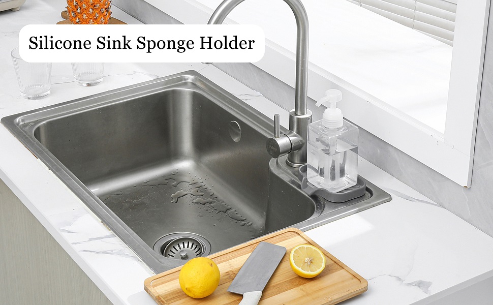 grey soap dish with drain on kitchen sink
