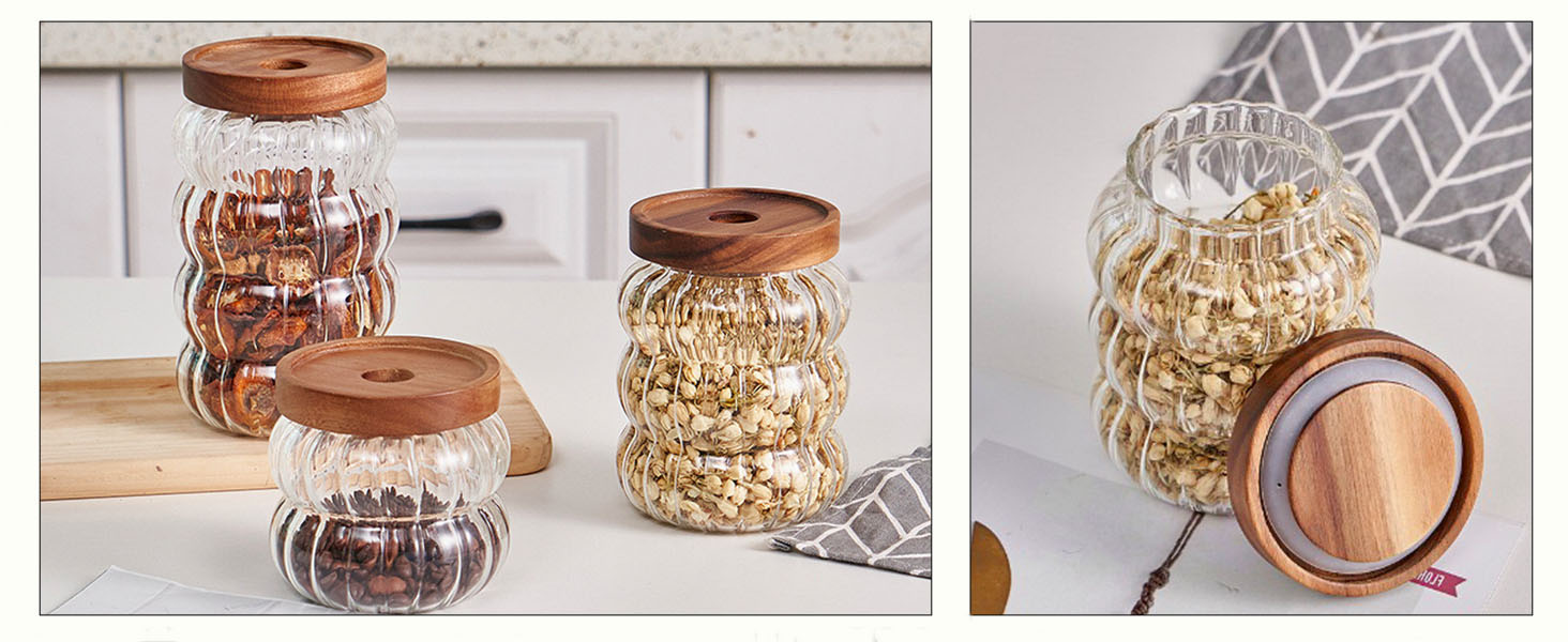 Glass Storage Container Airtight Food Jars Kitchen Canister with Wood Lids