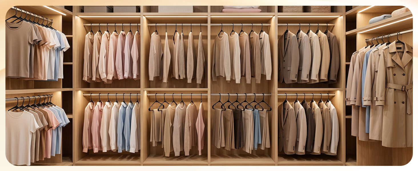 Dorm room closet with slim black plastic hangers. Fits twice as many clothes in tiny rod space