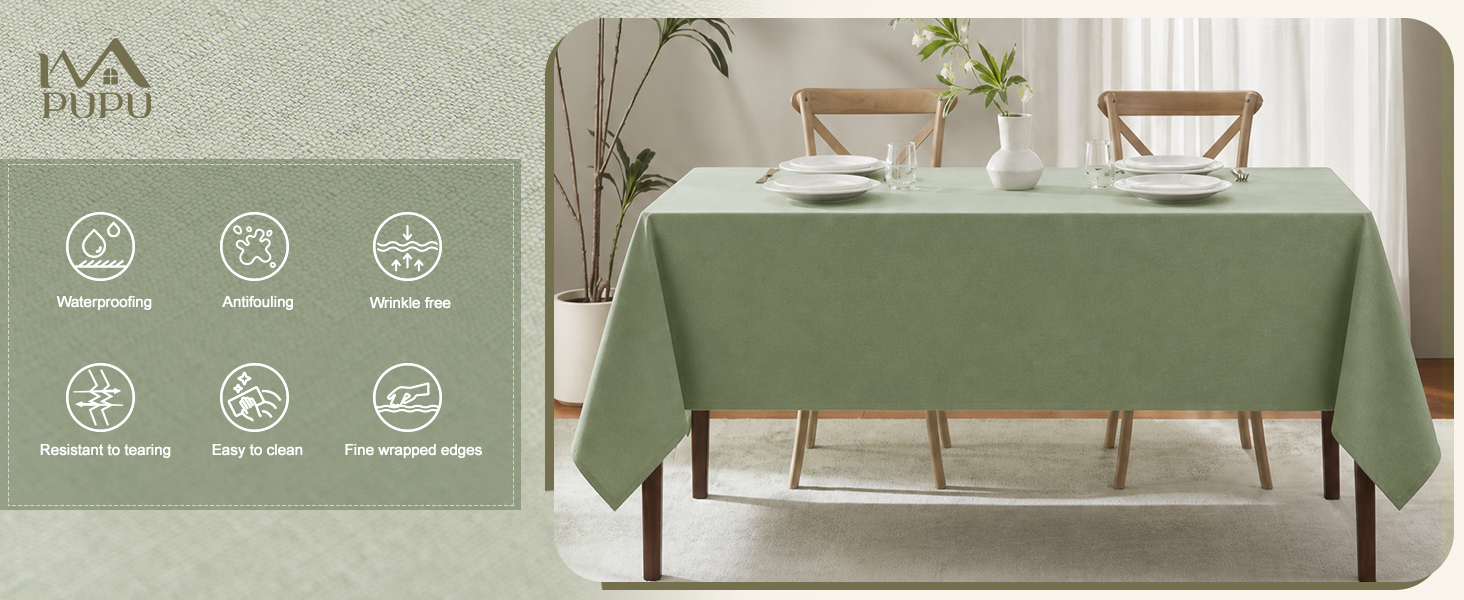 IVAPUPU Textured Linen Rectangle Table Cloth, Sage Green