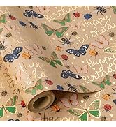 RUSPEPA Girls Birthday Wrapping Paper Roll, 17 in x 16.4 ft, Mini Roll, Gold Foil Butterfly Wrapp...