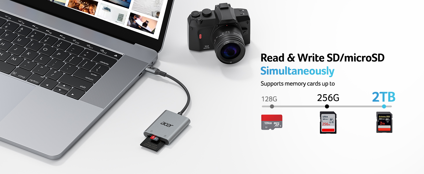 USB-C card reader connected to laptop, allowing simultaneous reading of SD and microSD cards. Supports 128GB microSD, 256GB SD, and 2TB SD capacities. DSLR camera visible.