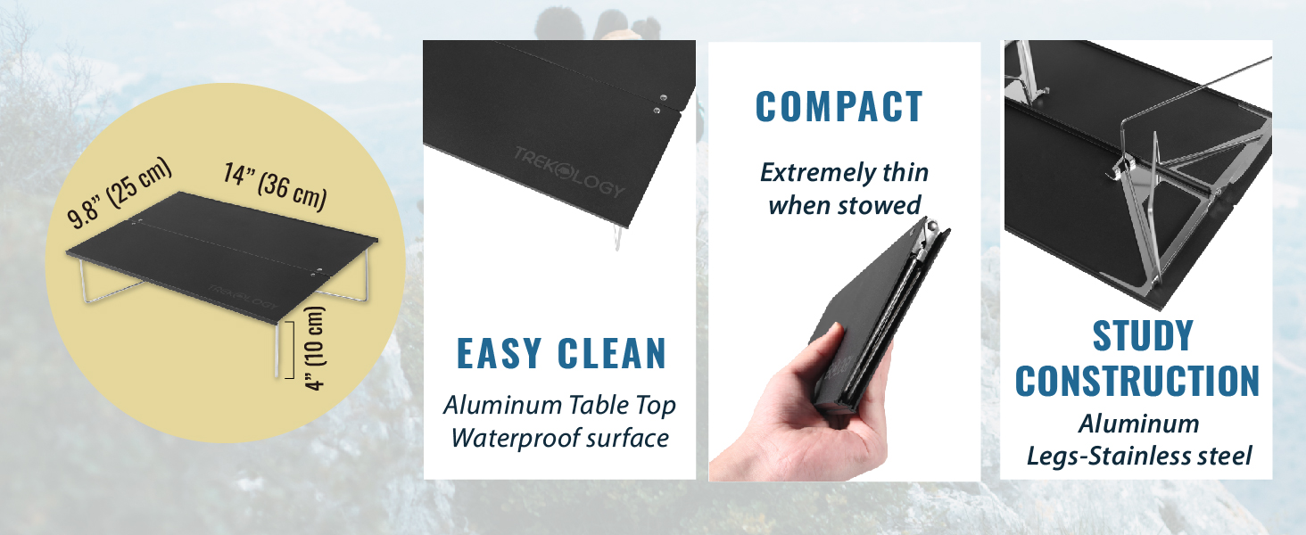 Compact folding table with black surface. Images show dimensions, easy cleaning, and sturdy aluminum construction with stainless steel legs.