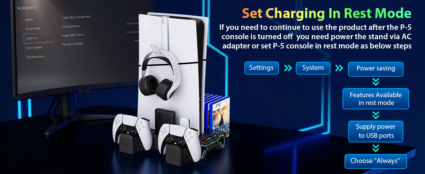 playstion 5 cooling stand with cooling fan and controller docking station