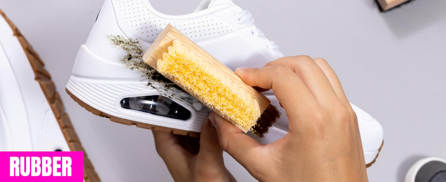 A shoe brush safe for rubber, canvas, leather, and more