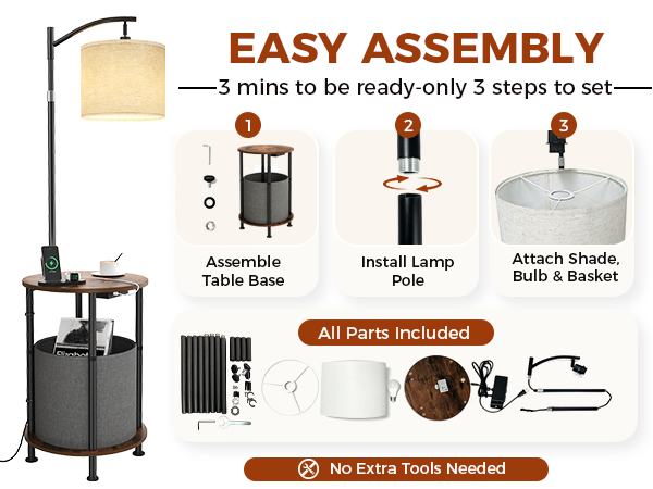 3-step assembly diagram for side table floor lamp, no extra tools, all parts included