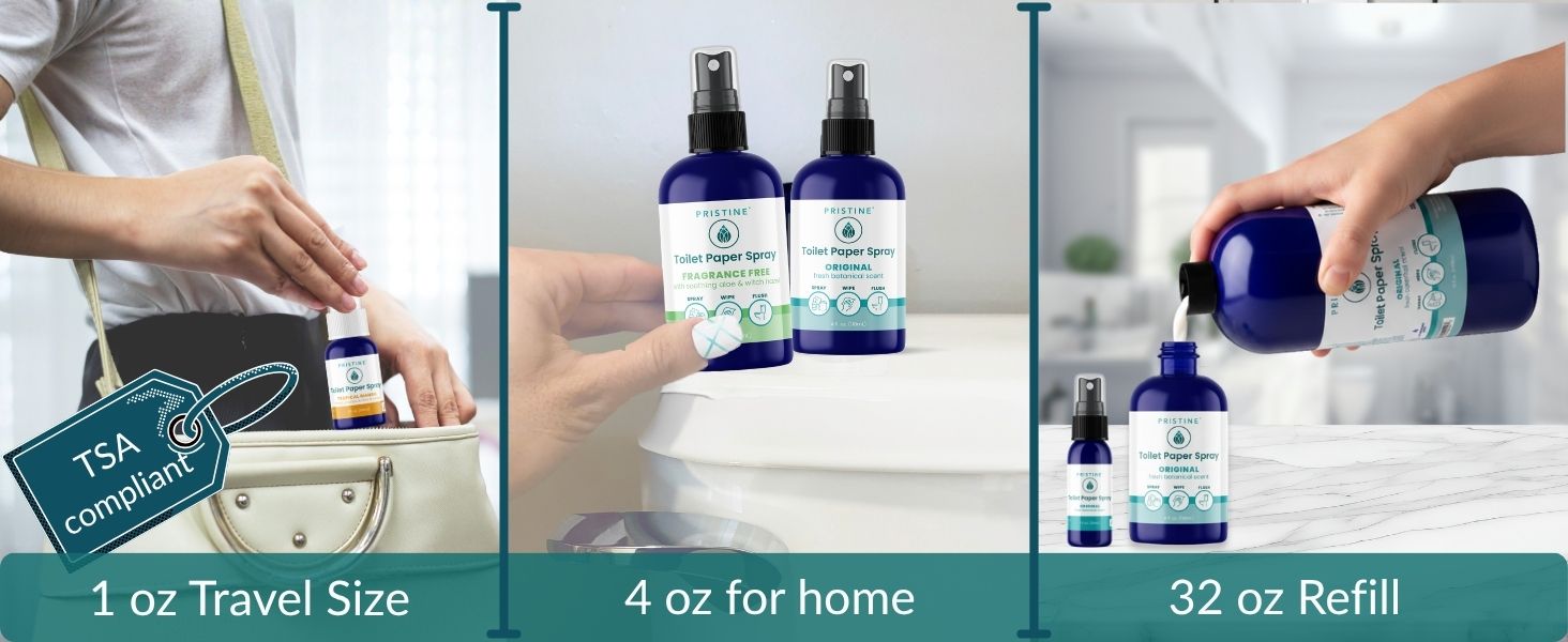 Woman placing Pristine toilet paper spray in purse. Two bottles of Pristine on toilet back. Refill