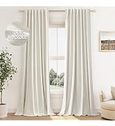 Cream Linen Blackout Curtains 84 Inch Length 2 Panels Set for Living Room Bedroom Back Tab Therma...