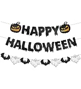 Black Glitter Happy Halloween Banner - Halloween Hanging Paper Garland Bunting Banner with Pumpki...