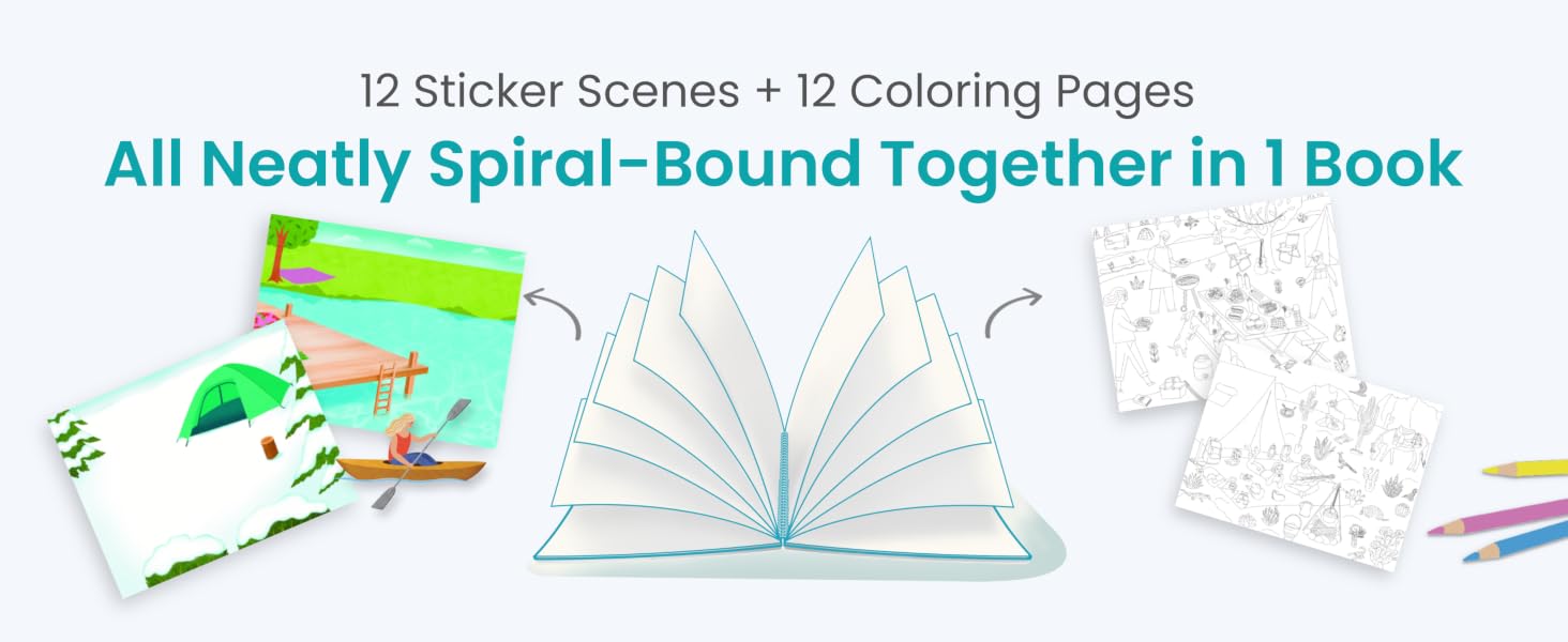 12 sticker scenes and 12 coloring pages all neatly spiral-bound together in 1 book