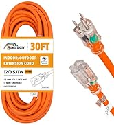 HONDERSON 30FT 12/3 Lighted Outdoor Extension Cord - 12 Gauge 3 Prong SJTW Heavy Duty Orange Exte...