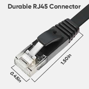 Close-up technical diagram of an RJ45 network connector showing dimensions of 15mm length and 0.6mm width.