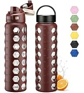 MUKOKO 32 oz Glass Water Bottle, Cherry, 1 Pack | 2 Lids, Straw Included, Silicone Sleeve, For Sp...
