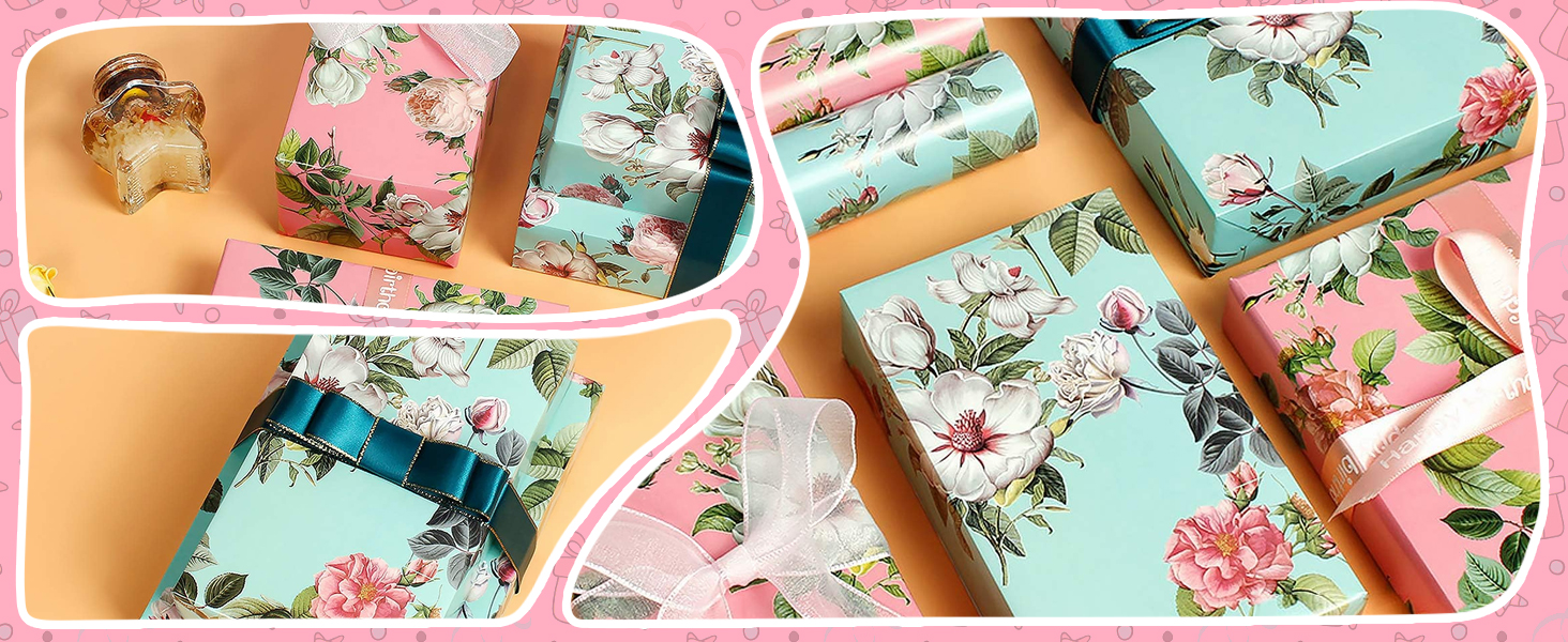 Assortment of floral-patterned square objects, possibly coasters or decorative tiles. Pastel blue and pink colors with flower and leaf designs.