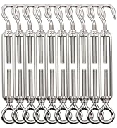 Set of ten stainless steel turnbuckles with hooks and eye ends. Each turnbuckle features a long threaded body for length adjustment.