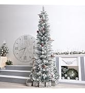 KTKDE 6ft Snow Flocked Artificial Pencil Christmas Tree, Snow Unlit Slim Xmas Tree with 30 Pine C...