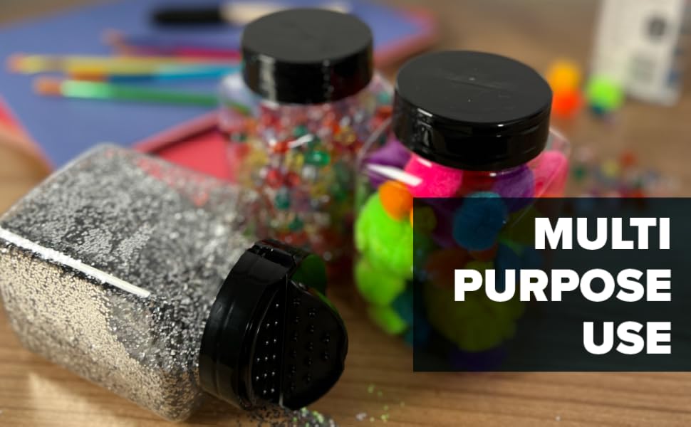 A photo of craft supplies stored in Pinnacle Mercantile 17 oz jars. Showing a multi-purpose use.