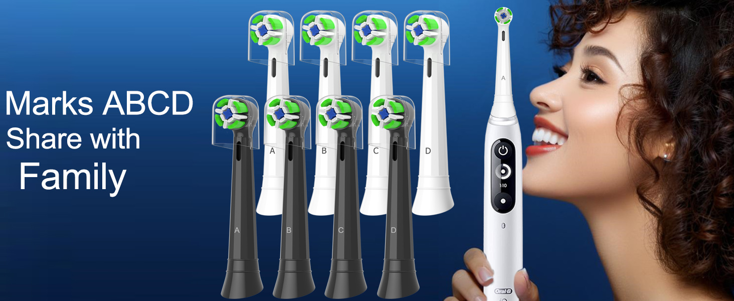 Electric toothbrush set with multiple brush heads. White main unit with digital display, black replacement heads. Text reads 'Marks ABCD Share with Family'.