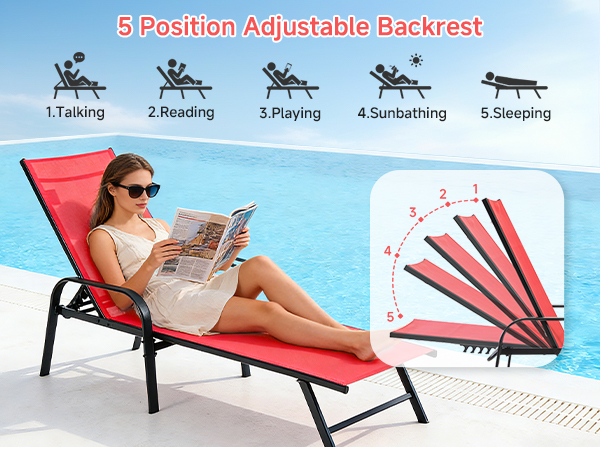Chaise Lounge Chair, 5 Adjustable Beach Lounge Recliner Chair with Armrests, Outdoor