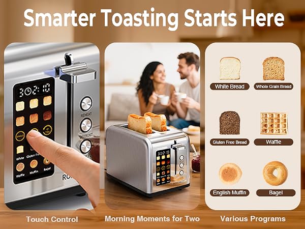 Touchscreen toaster with 6 bread programs, smart control, and perfect for couples’ breakfast.