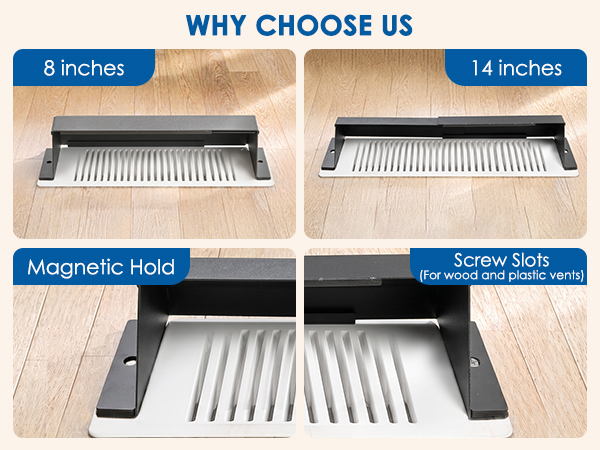 Adjustable vent deflector extends from 8'' to 14'',magnetic and screw-mounted installation