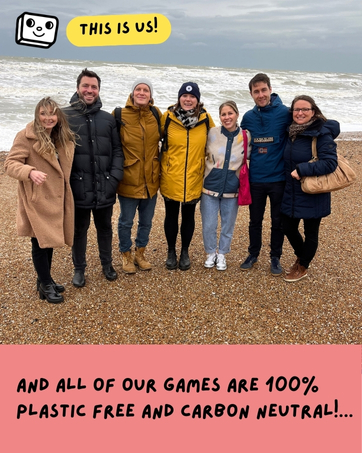 Group of people standing together on a beach. Text overlay states 'THIS IS US!' and 'AND ALL OF OUR GAMES ARE 100% PLASTIC FREE AND CARBON NEUTRAL!'