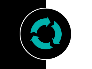Black and white background with circular recycling logo.
